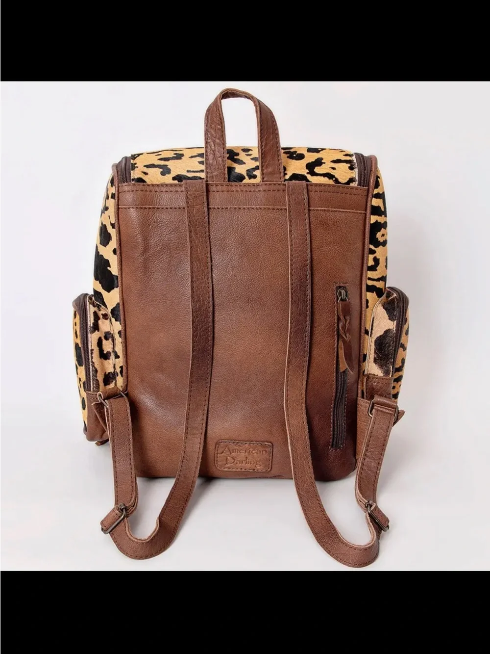 American Darling Leopard-Print Backpack with Brown Leather & Turquoise Accent